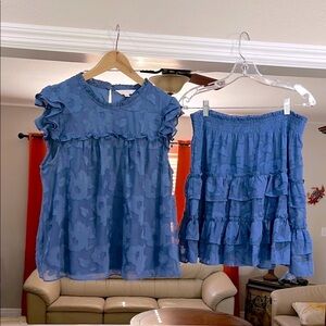 Lauren Conrad LC Women’s Blue Skirt Set Tiered Ruffle Lace Short Flare Size L